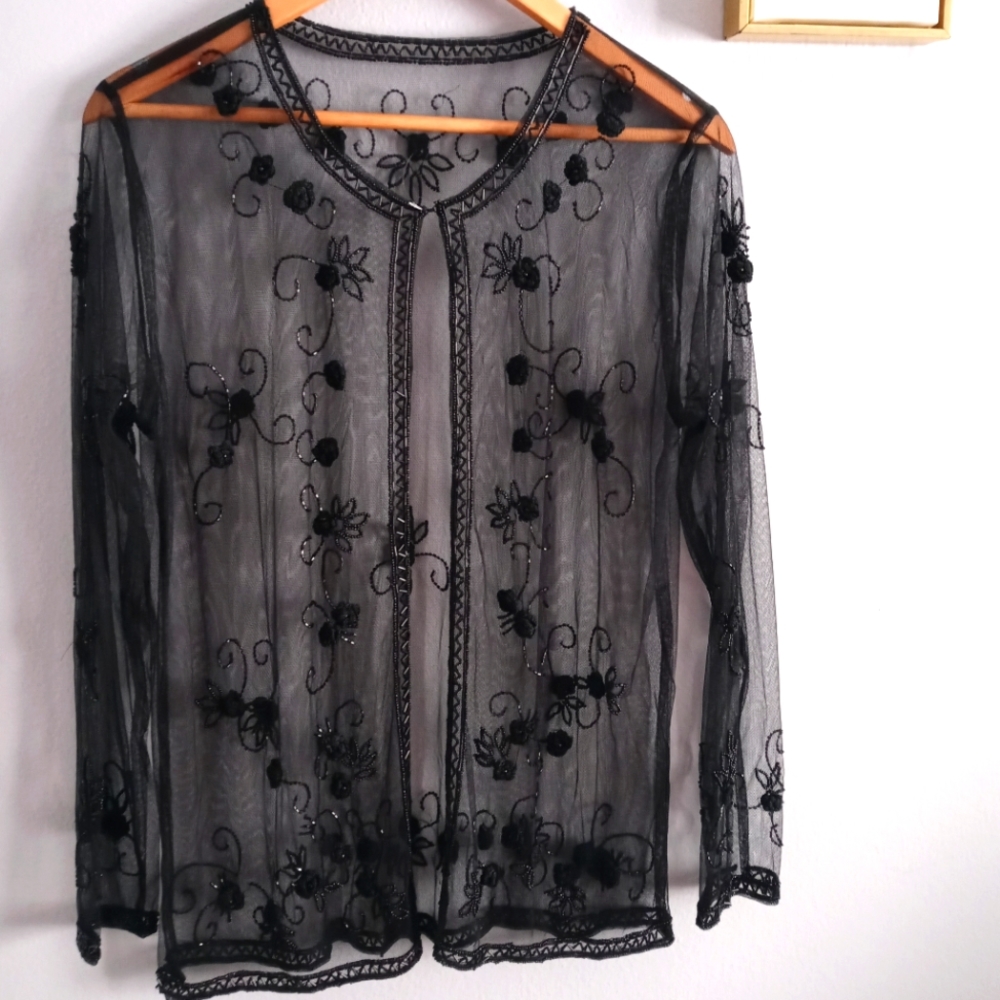 Vintage Hand Made Cardigan Soft Sheer color black embroidered and canutillo